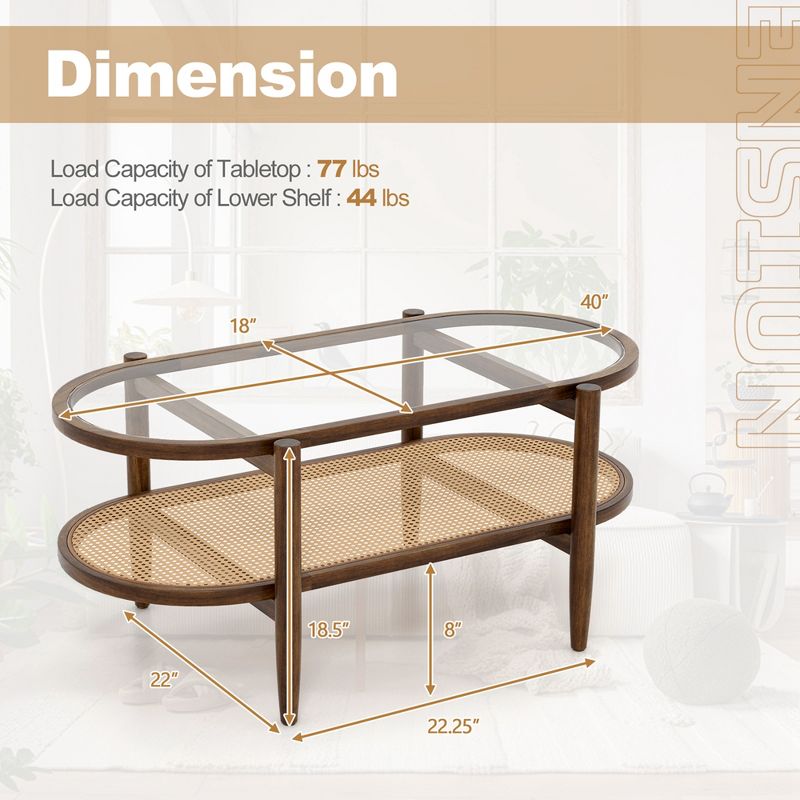 Costway 2-Tier Coffee Table Tempered Glass Top with PE Rattan Shelf & Acacia Wood Frame, 3 of 11