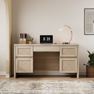 Brafab Home Office Desk with Charging Station,5-Drawer Executive Desk with Rattan Front,Computer Writing Desk Built-in USB/Type-C Ports & Outlets - 1 of 4