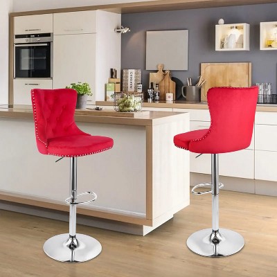 Red two sets of velvet bar stools, swivel bar height stools, adjustable bar chairs
