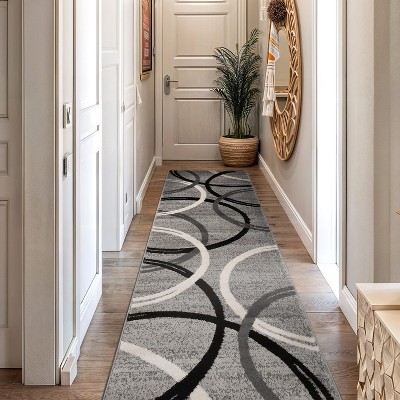 Gray Abstract Circles Design Synthetic Runner Rug 2'7" x 6'
