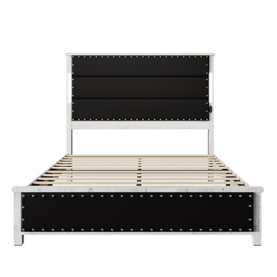 CLIHOME Dark Gray Upholstered Headboard Bed Frame with Charging Station and LED Lights, Wood Slats