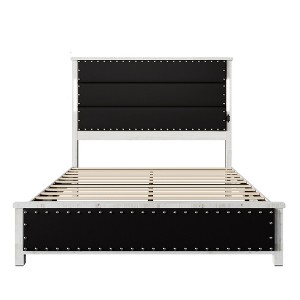 CLIHOME Dark Gray Upholstered Headboard Bed Frame with Charging Station and LED Lights, Wood Slats - 1 of 4
