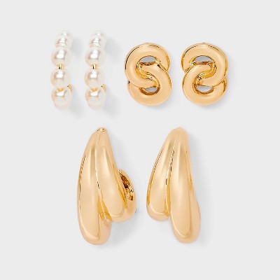 Hoop and Stud Crystal Earring Set 3pc - A New Day™ Gold