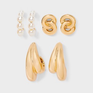 Hoop and Stud Crystal Earring Set 3pc - A New Day™ Gold - 1 of 3