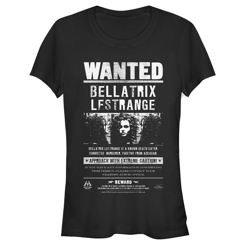 Juniors Womens Harry Potter Bellatrix Wanted Poster T-Shirt, 1 of 5