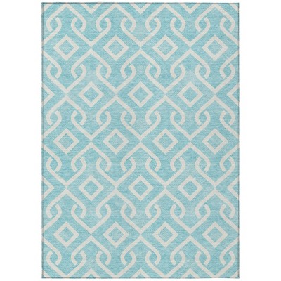 Aqua And Ivory Geometric Washable Indoor Outdoor Area Rug
