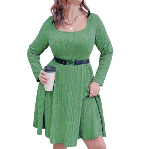 Women's Plus Size Casual Sweater Dress Square Neck Long Lantern Sleeve Tie Waist - 1 of 2