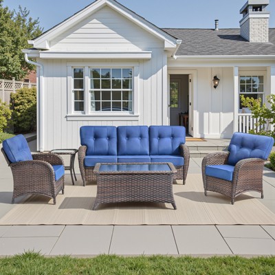 Buenhomino 5 Pieces Patio Furniture Set, Outdoor Wicker Sofa with Rattan Chairs, Coffee Table, All Weather High Back Couch with 5" Thick Cushions