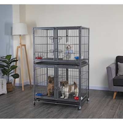 Gray Heavy Duty Stackable Rolling Pet Crate with Divider