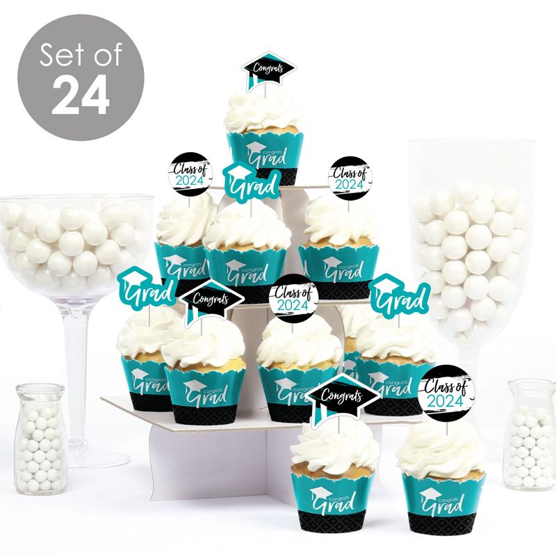 Big Dot of Happiness 2024 Teal Graduation Cupcake Decoration - Party Cupcake Wrappers and Treat Picks Kit - Set of 24, 2 of 8