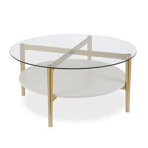 Mid-Century Brass Metal Round Coffee Table with White Lacquer Shelf - Henn&Hart - 1 of 4