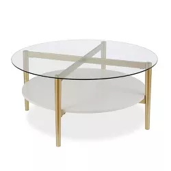 Mid-Century Brass Metal Round Coffee Table with White Lacquer Shelf - Henn&Hart