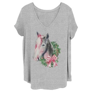 Juniors Womens Lost Gods Christmas Wreath Horse T-Shirt - 1 of 4