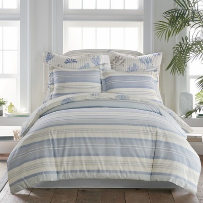 Twin Blue and Taupe Cotton Coastal Bedspread Cover Set