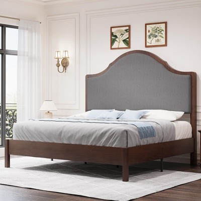 AMERLIFE Wood Bed Frame with Tall Upholstered Curved Headboard, Solid Wood Platform, No Box Spring Needed, Wood Slat Support