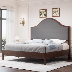 AMERLIFE Wood Bed Frame with Tall Upholstered Curved Headboard, Solid Wood Platform, No Box Spring Needed, Wood Slat Support - 1 of 4