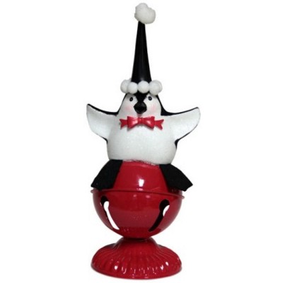  Melrose 11.25" Playful Glittered Black and White Penquin Sitting on Large Red Jingle Bell Christmas Table Top Decoration 