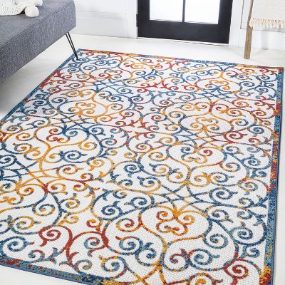 Mediterranean Trellis Blue Rectangular Washable Indoor/Outdoor Rug