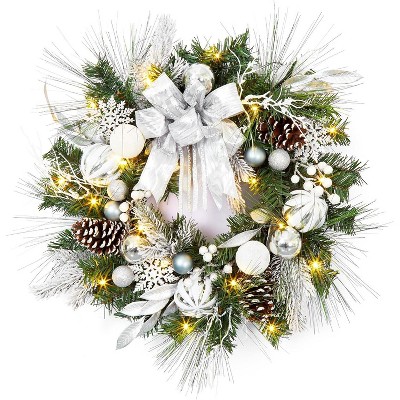 24" Christmas Wreath, Artificial Christmas Decorations with LED Lights, Indoor and Outdoor Holiday Decorative Wreath for Door, Windows, Walls, Silver