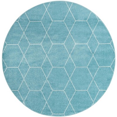 Round Light Blue and Ivory Synthetic Trellis Area Rug