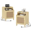 Zeus & Ruta Farmhouse Nightstand Set of 2 with Charging Station, Rattan Door & Adjustable Shelf for Bedroom, Natural Oak - 2 of 4