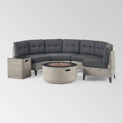 Baltaire 6pc Wicker Round Sectional Set, Curved Outdoor Sectional With Fire Pit