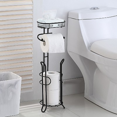 Black Metal Freestanding Toilet Paper Holder with Storage Basket
