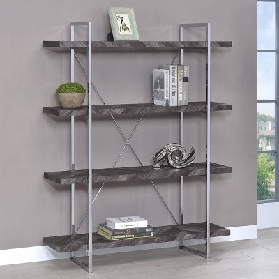 Grimma 47'' Rustic Gray Herringbone and Chrome Bookshelf