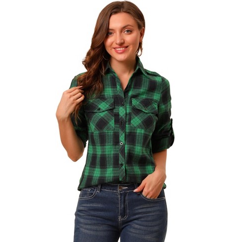 Allegra K Women Check Roll Up Sleeves Flap Pockets Brushed Shirt Green Large
