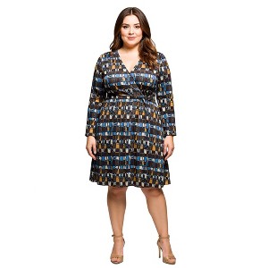 24seven Comfort Apparel Long Sleeve Wrap Dress with Belt in Brown Blue Geometric Print - 1 of 3