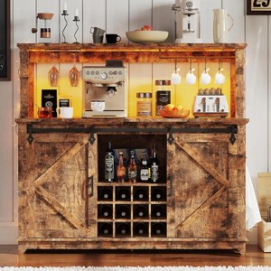 55in Wide Wine Cabinet, Large Kitchen Hutch with LED Lighting, Buffet Coffee Bar Cabinet with Barn Sliding Door, Wine Glass Rack for Dining Room - 1 of 4