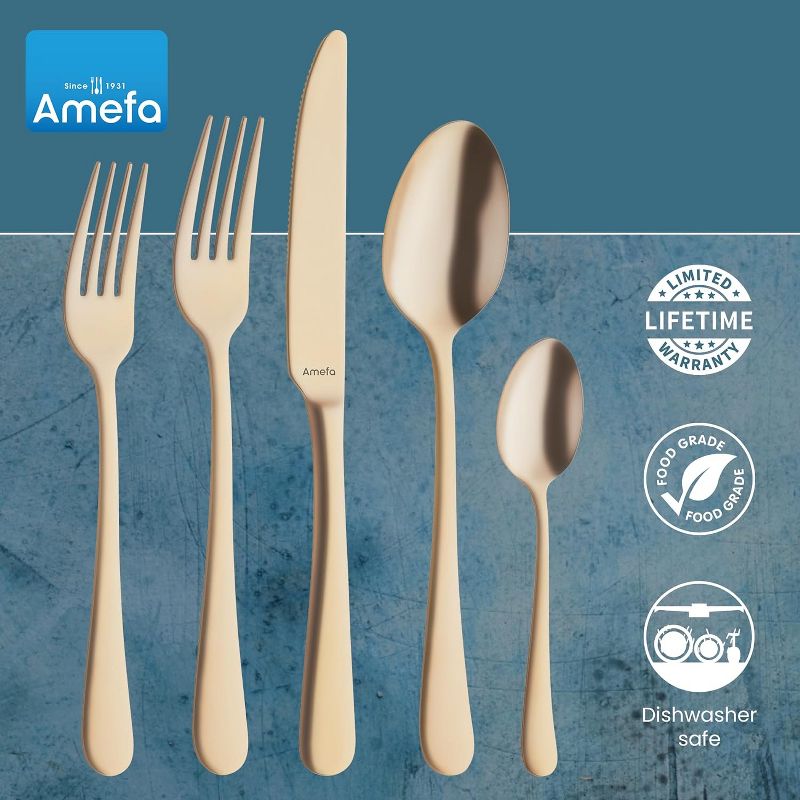 Amefa Austin Gold 20-Piece Premium 18/0 Stainless Steel Flatware Set, Satin Golden Finish, Silverware Set Service for 4, Rust Resistant Cutlery, 5 of 8