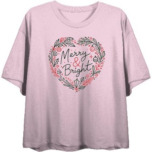 Merry & Bright Heart-Shaped Christmas Wreath
 Women's Crew Neck Short Sleeve Crop Tee - 1 of 2