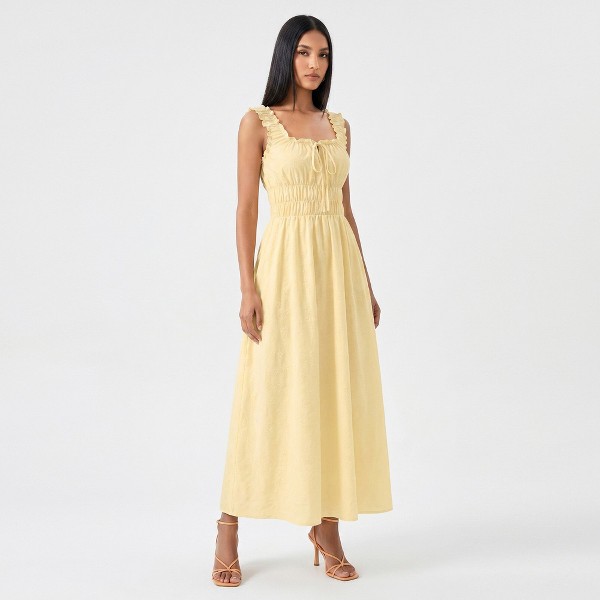 Vestido maxi con fruncido, tirantes con volantes y escote con lazo para mujer - Anna-Kaci 2