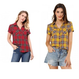 Allegra K Women's Classic Short Sleeve Button Down Plaid Shirt 2 Pcs - 1 of 4