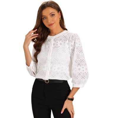 Allegra K Women's Crochet Crew Neck Button Casual Boho Hollow Out Shirt