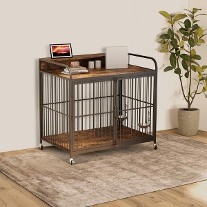 48-inch wide large dog crate furniture, 360° adjustable elevated feeder, removable pet fence, sturdy metal construction, easy to assemble - 1 of 4