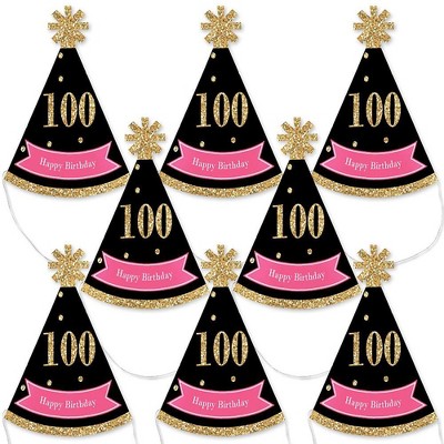 Big Dot of Happiness Chic 100th Birthday - Pink, Black and Gold - Mini Cone Birthday Party Hats - Small Little Party Hats - Set of 8