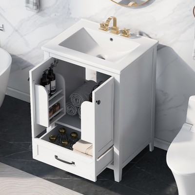 TIRAMISUBEST 24" Bathroom Vanity with Ceramic Sink, Freestanding Bathroom Vanity Cabinet with 1 Storage Drawer and 2 Doors