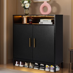 KTMBDW Shoe Cabinet for Entryway, Slim Hidden Shoe Organizer Cabinet with 2 Doors&LED Lights, Wooden Narrow Shoe Rack for Hallway, Living Room, Black - 1 of 4