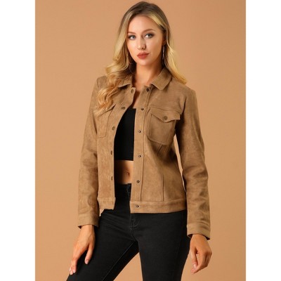 INSPIRE CHIC Women's Turn-Down Collar Flap Pockets Snap Button Faux Suede Jacket 2 Packs Brown/Army Green Small — фото 2