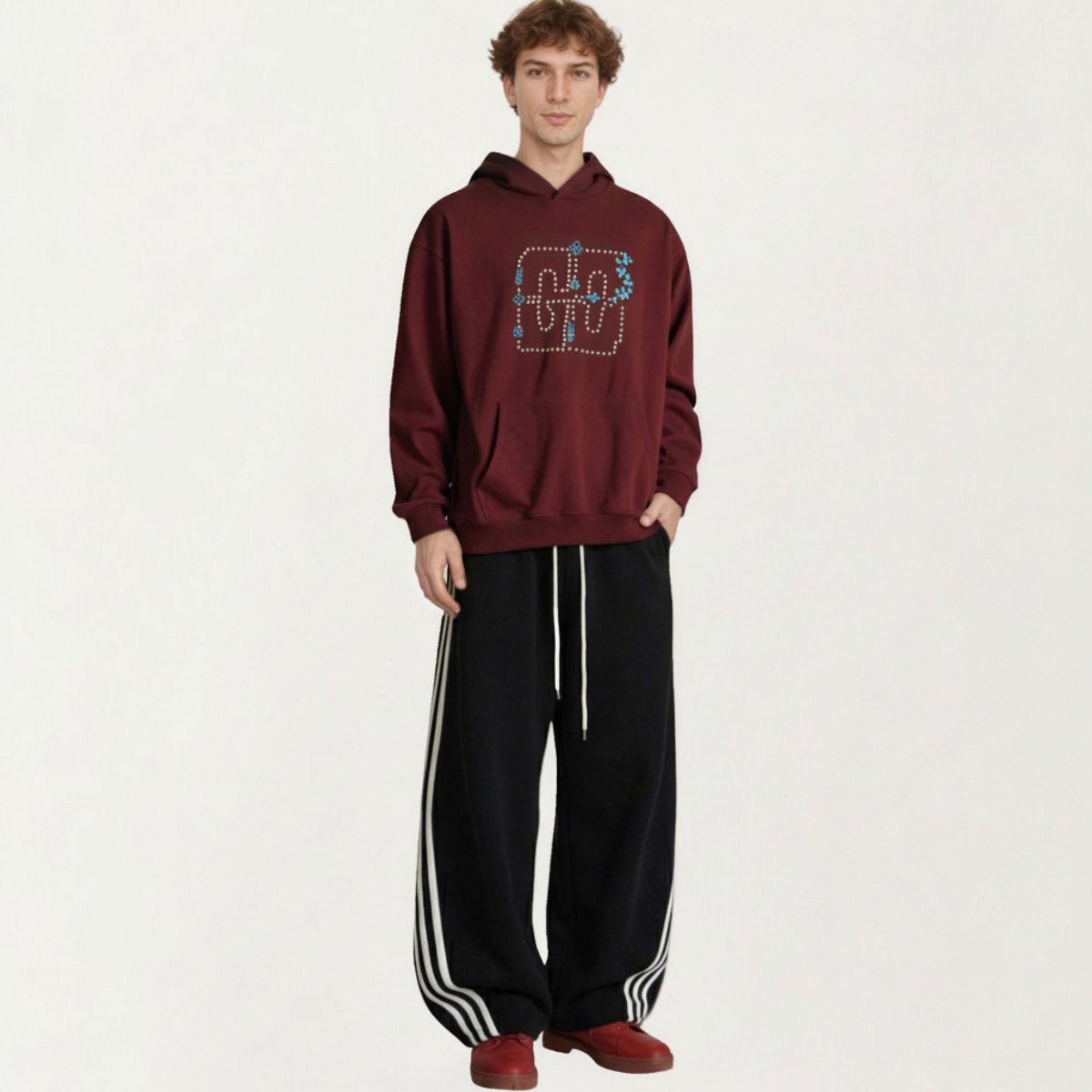 Anna-Kaci Men's Embroidered Pullover Hoodie with Front Pocket and Relaxed Fit - thumbnail 9