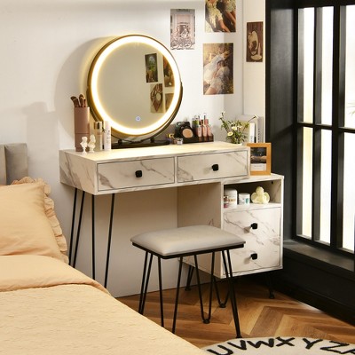 Costway Vanity Table Stool Set Dimmer LED Mirror Large Storage Cabinet Drawer Walnut\ Black\Brown\White