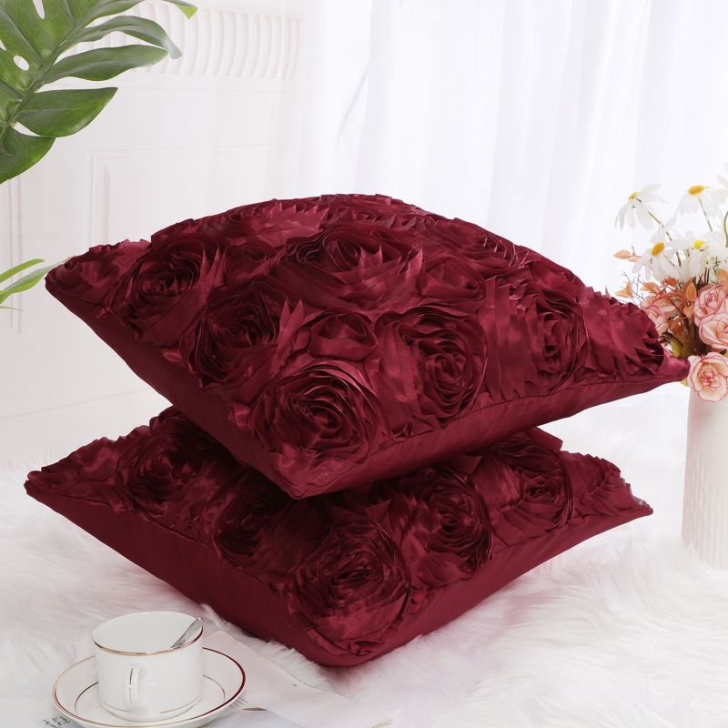 PiccoCasa 3D Satin Rose Flower Throw Pillow Cover Roses Floral Cushion Covers 2 Pcs, 3 of 9