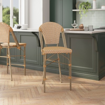 Natural and White Rattan Bistro Counter Stools, Set of 2