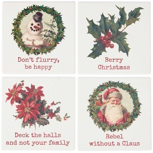 Primitives By Kathy 4.0 Inch Don't Flurry  Coaster Set Snowman Holly Santa Poinsettia Coasters - 1 of 3