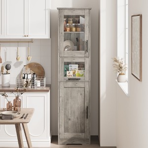 67" H  Tall  Slim Pantry Cabinet with Glass Doors and Adjustable Shelf, Freestanding Slim Cupboard - 1 of 4