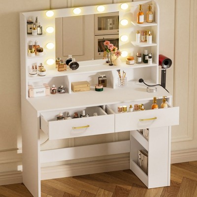 COMHOMA Vanity Desk with Mirror and LED Lights, Hairdryer Holder, 5 Drawers, Bedroom Dresser Table for Girls