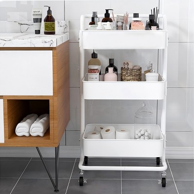 Infurnic Utility Storage Carts Easy Install 3-Tier Utility Cart with Wheels Handle Secure Baskets Mesh Bottom, White, 42.50"*32.00"*10.00"