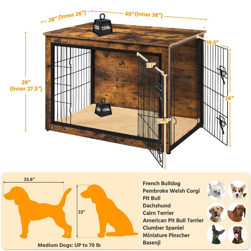 Yaheetech Industrial Multi-functional Dog Crate Wooden Dog Kennel, Rustic Brown, 3 of 8